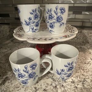 Paula Deen Spring Prelude Set of Four Coffee/Tea Mugs Blue & White Floral Cups